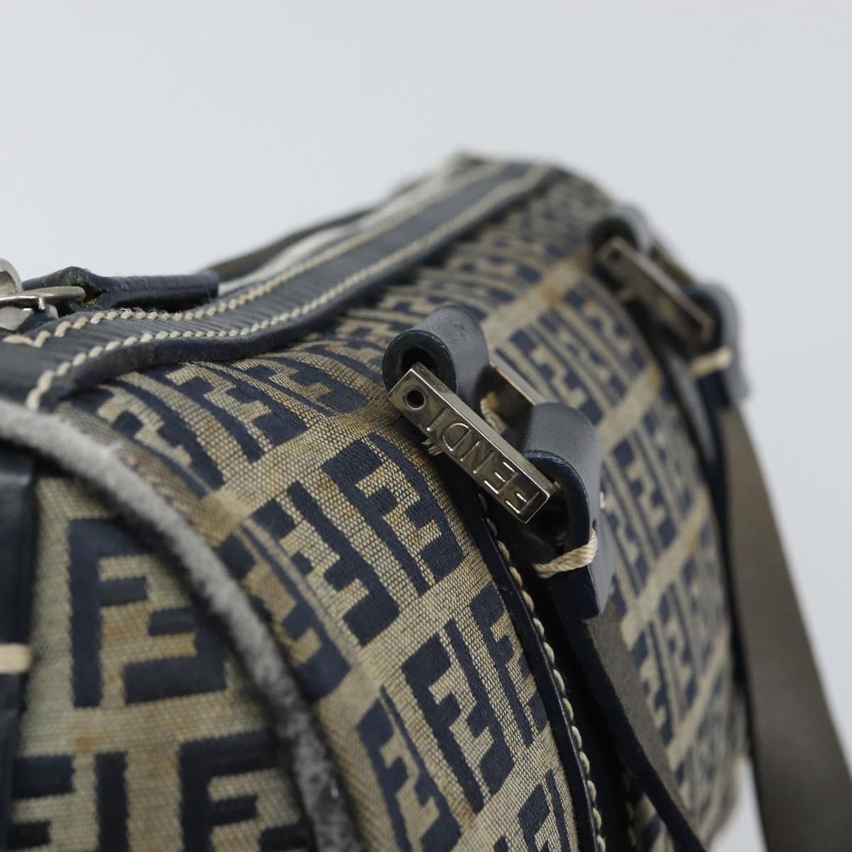 FENDI Zucchino Canvas Hand Bag Navy Silver Auth 164113