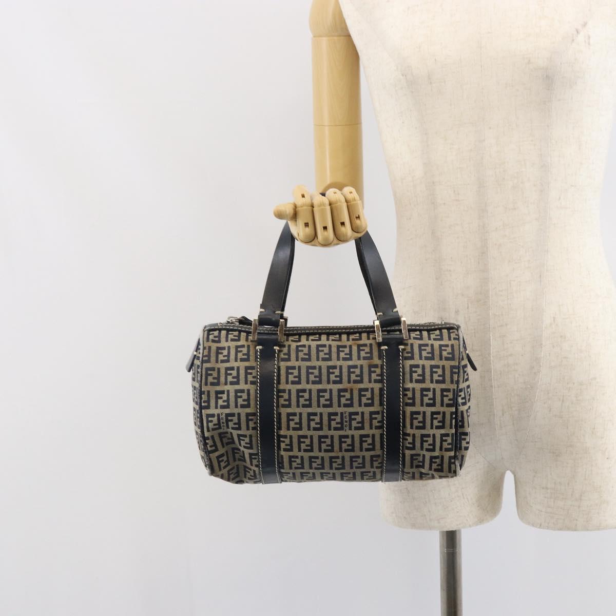 FENDI Zucchino Canvas Hand Bag Navy Silver Auth 164113
