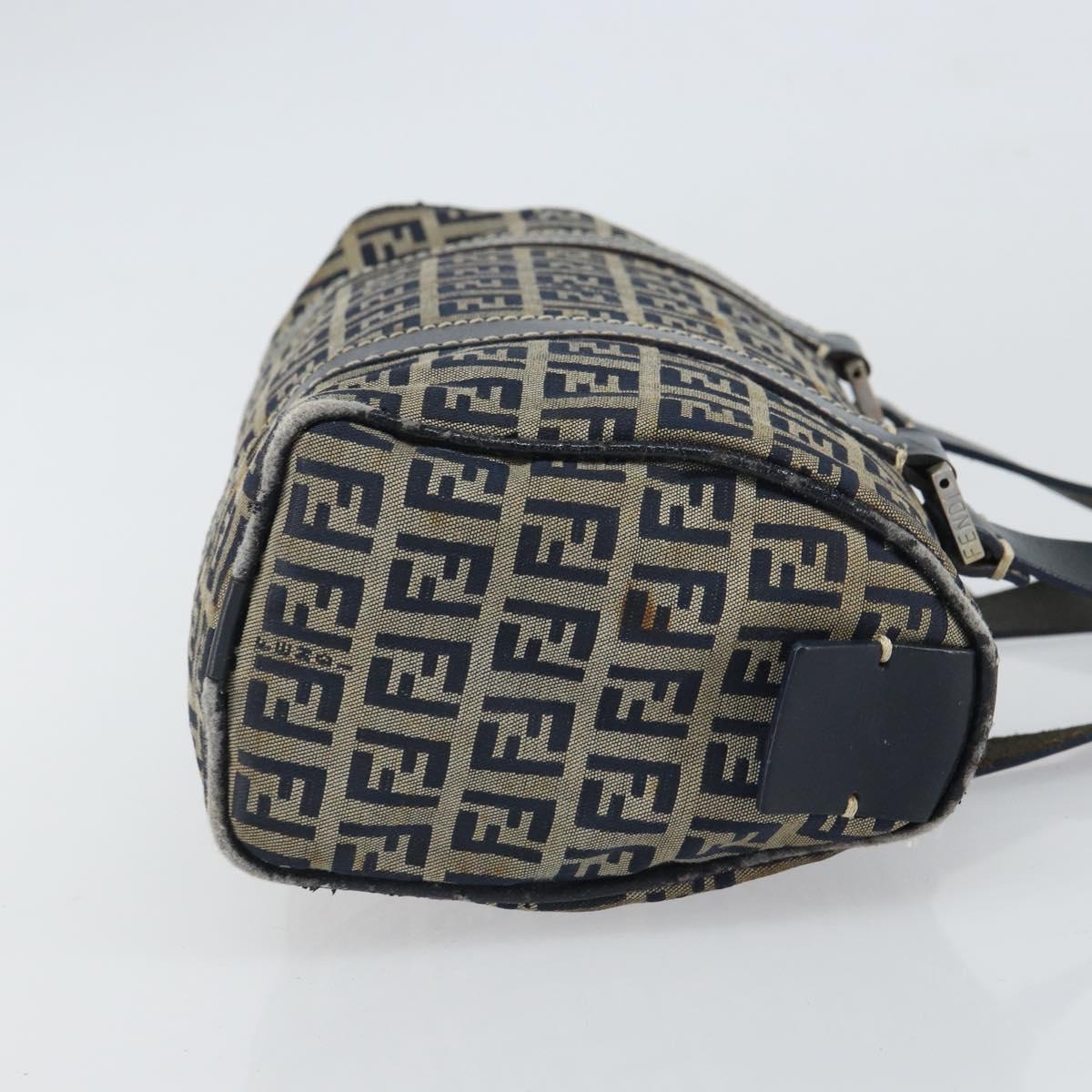 FENDI Zucchino Canvas Hand Bag Navy Silver Auth 164113