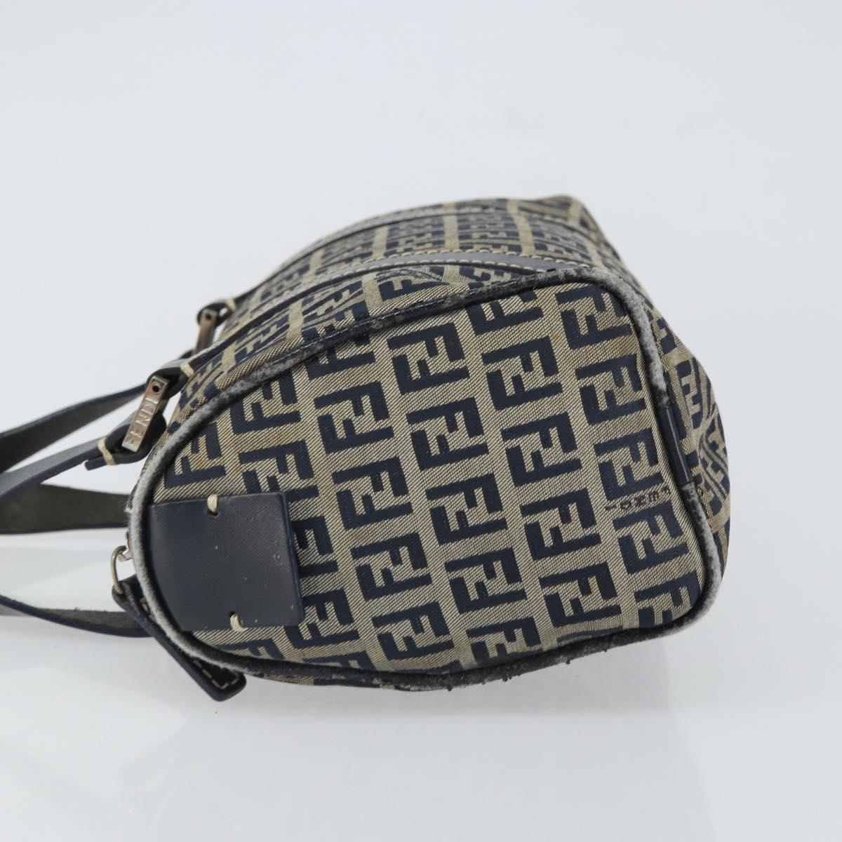 FENDI Zucchino Canvas Hand Bag Navy Silver Auth 164113