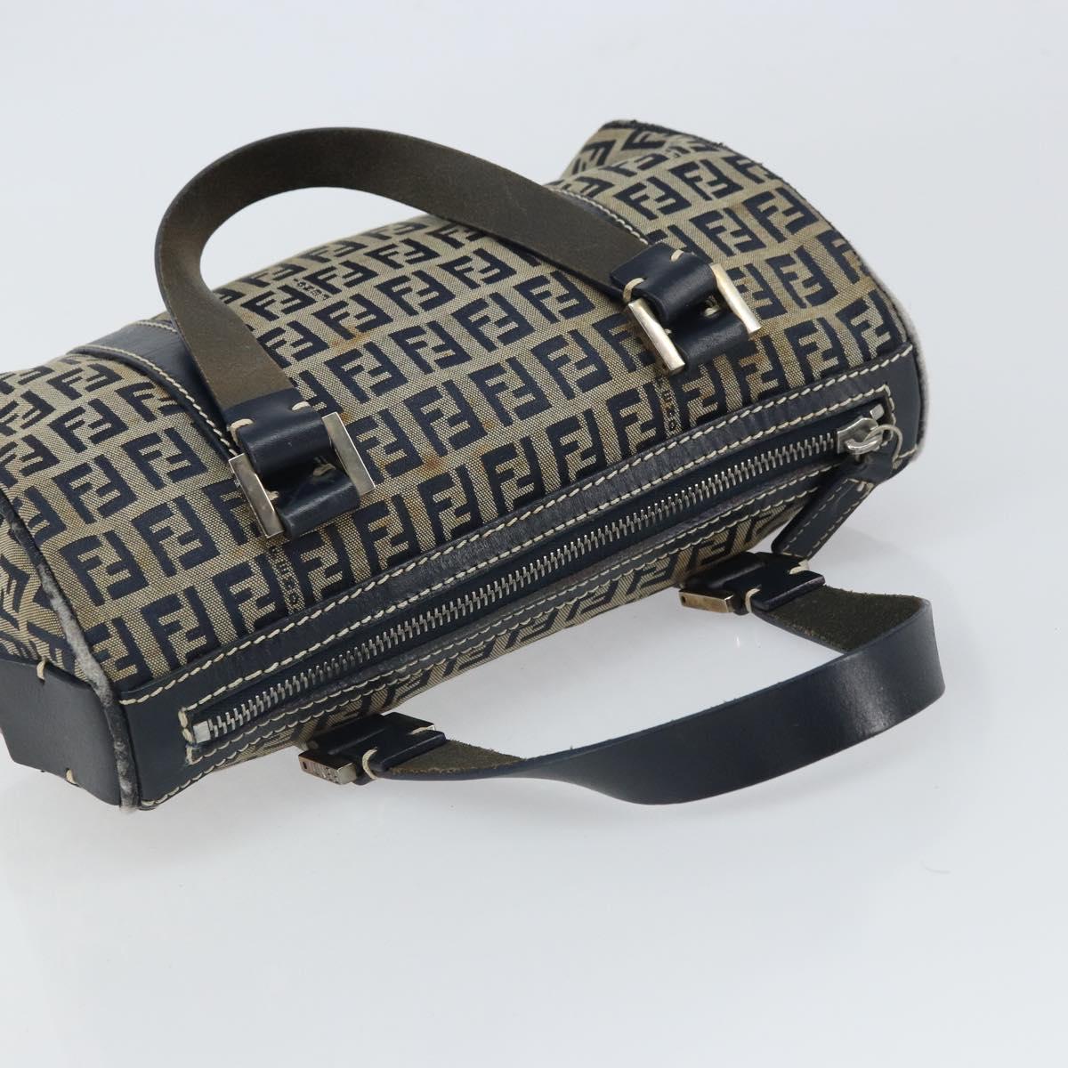 FENDI Zucchino Canvas Hand Bag Navy Silver Auth 164113