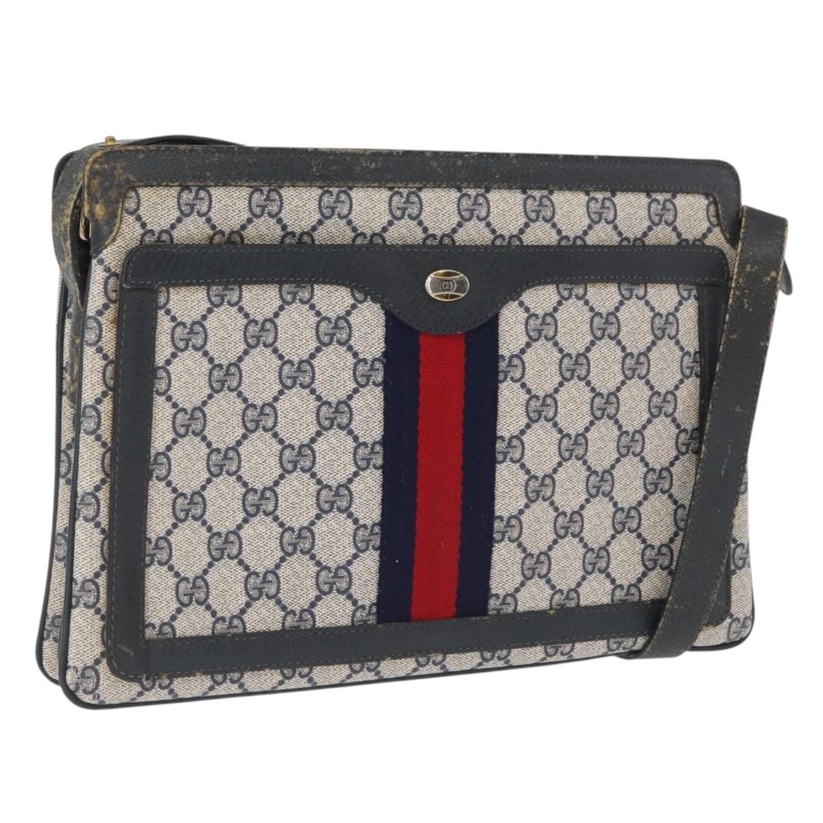 GUCCI GG Supreme Sherry Line Bag PVC Navy Gold Red 14 02 013 Auth 164136
