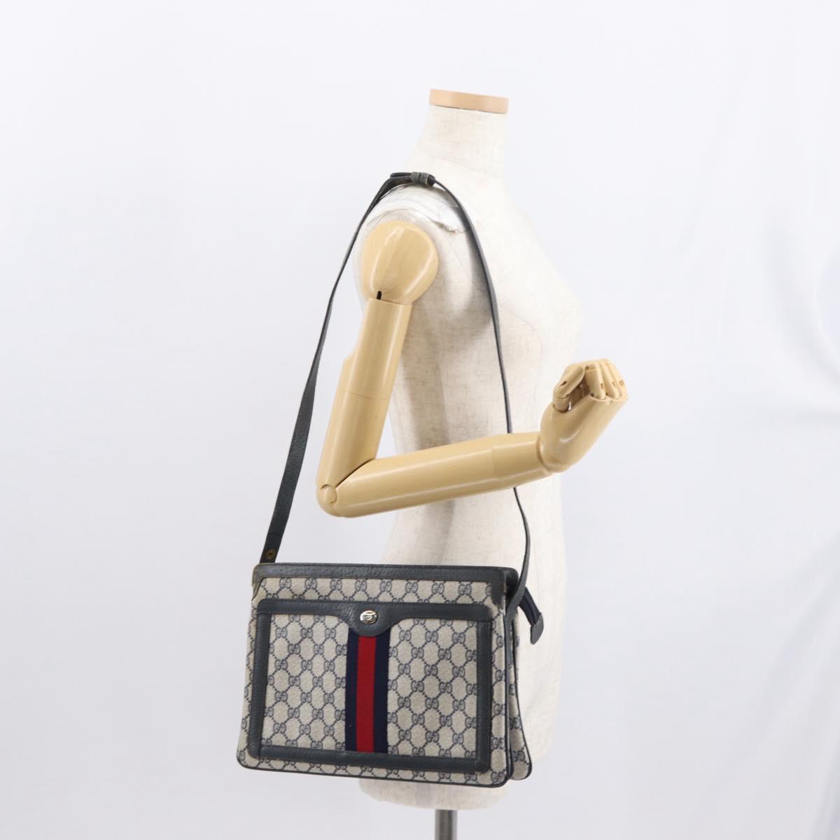 GUCCI GG Supreme Sherry Line Bag PVC Navy Gold Red 14 02 013 Auth 164136