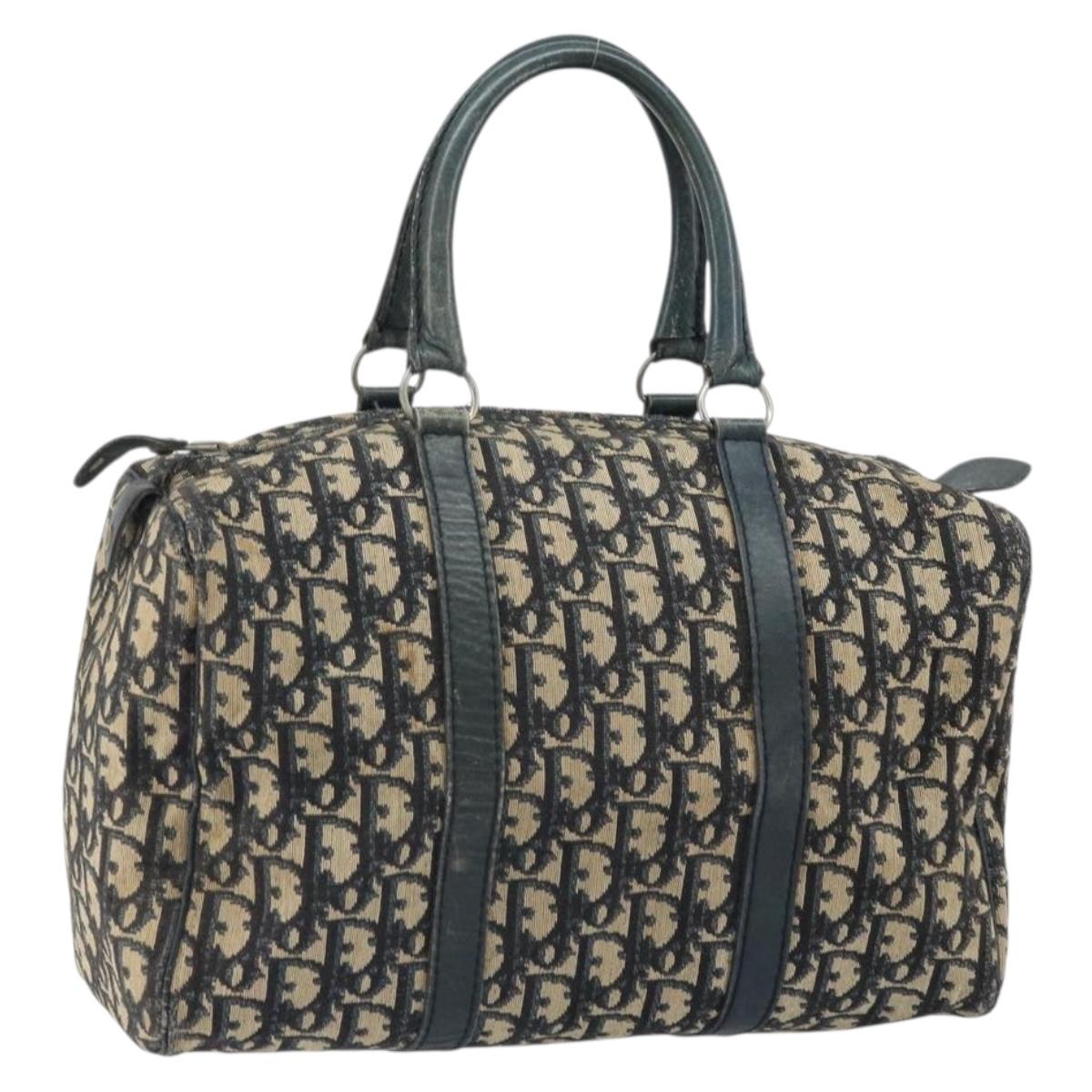 Christian Dior Trotter Canvas Boston Bag Navy Silver Auth 164140