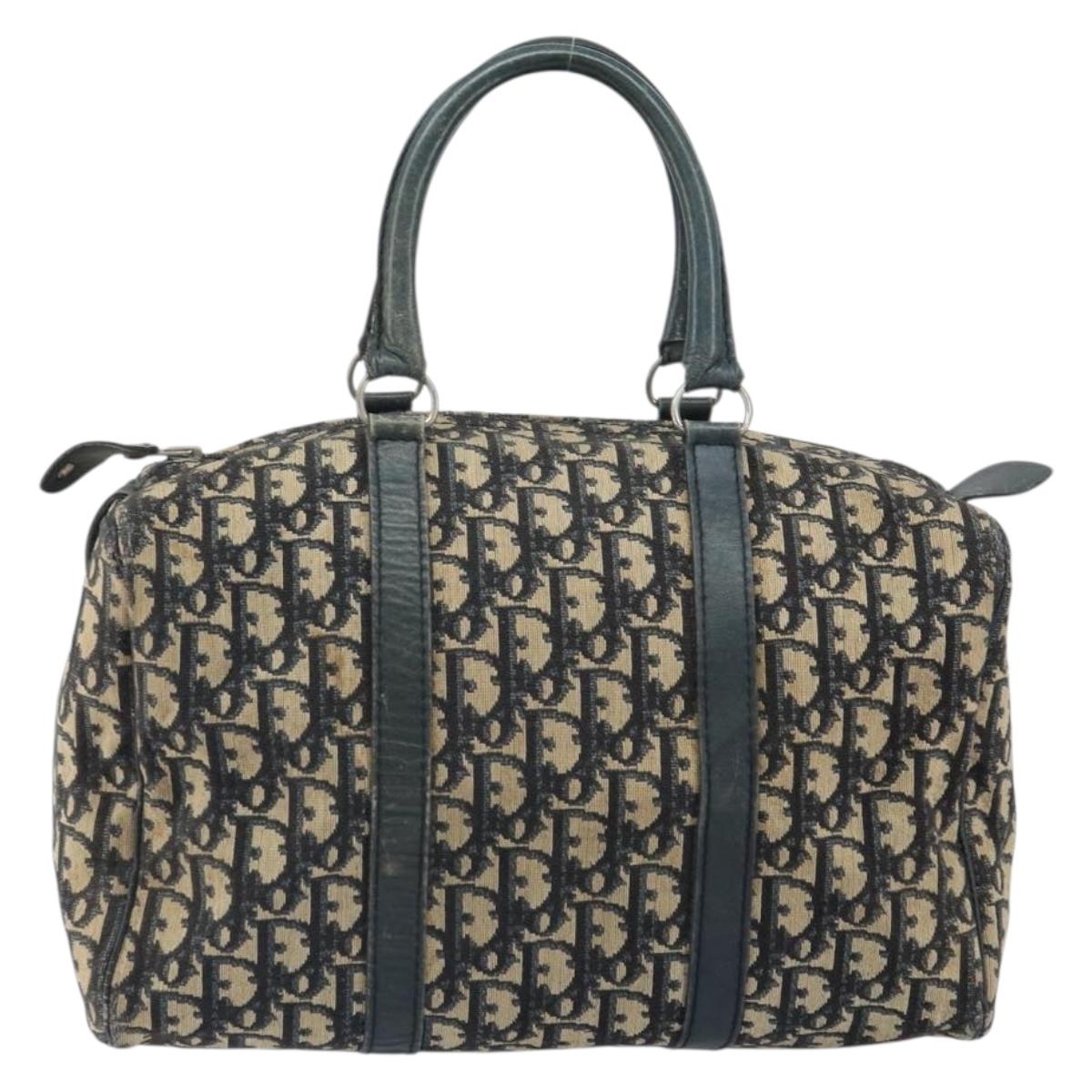 Christian Dior Trotter Canvas Boston Bag Navy Silver Auth 164140