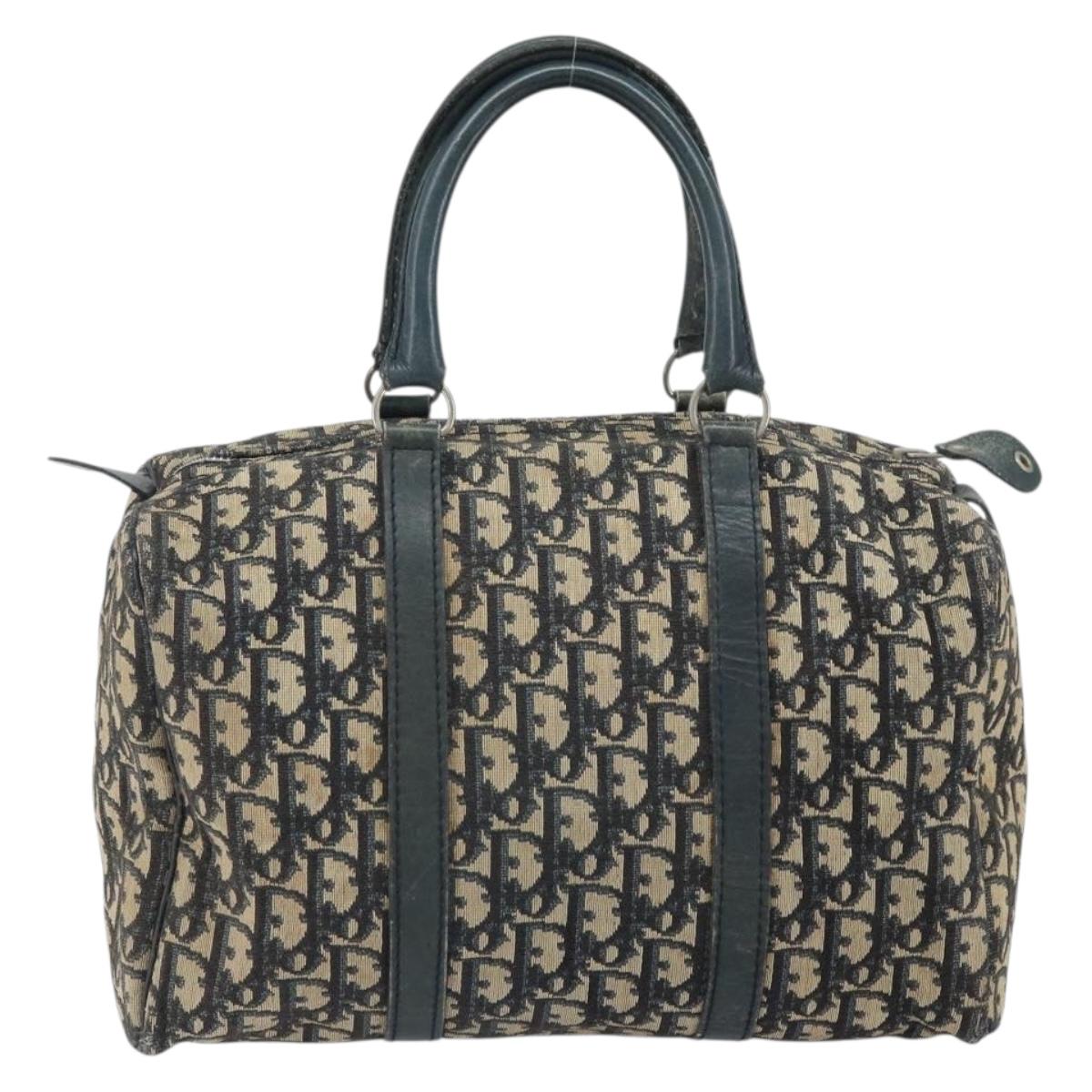 Christian Dior Trotter Canvas Boston Bag Navy Silver Auth 164140