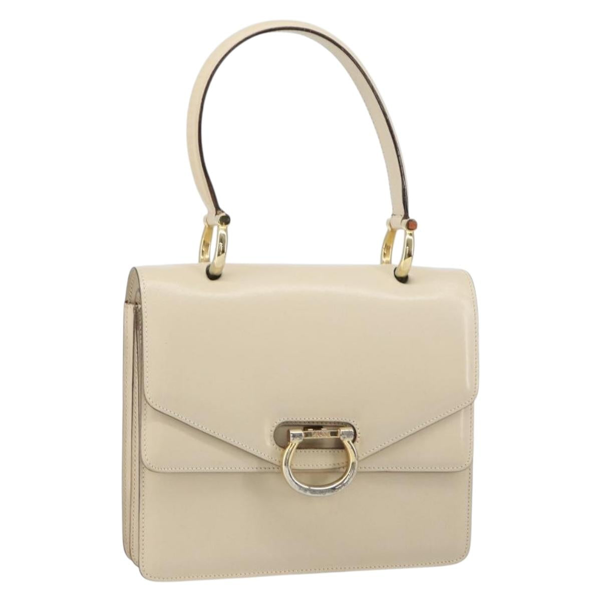 CELINE Hand Bag Leather Ivory Gold Auth 164168