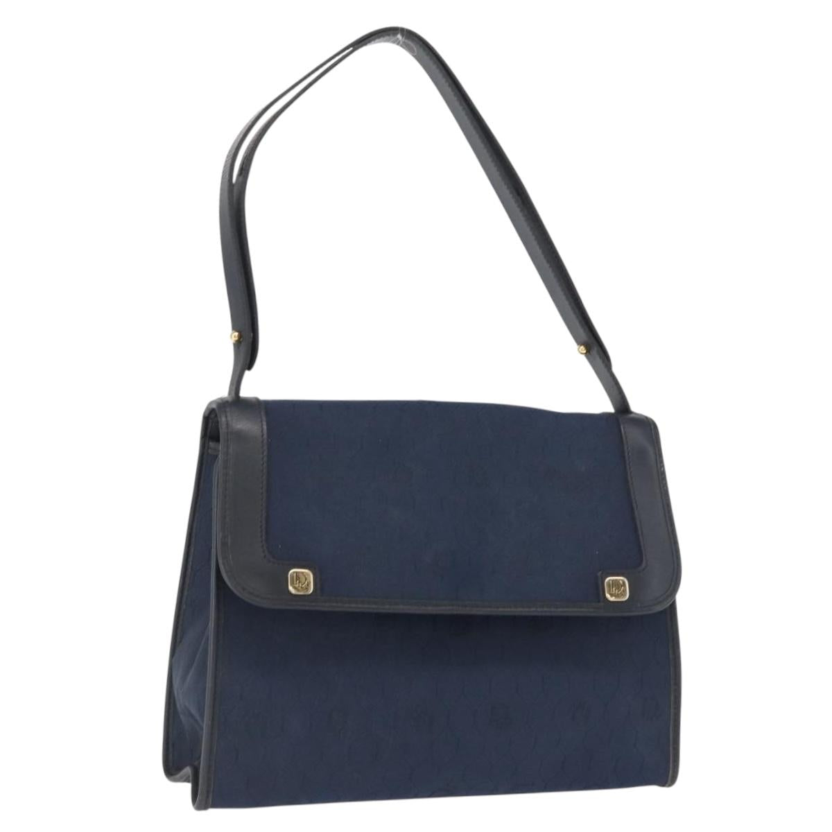 Christian Dior Honeycomb Canvas Shoulder Bag Navy Gold Auth 164192