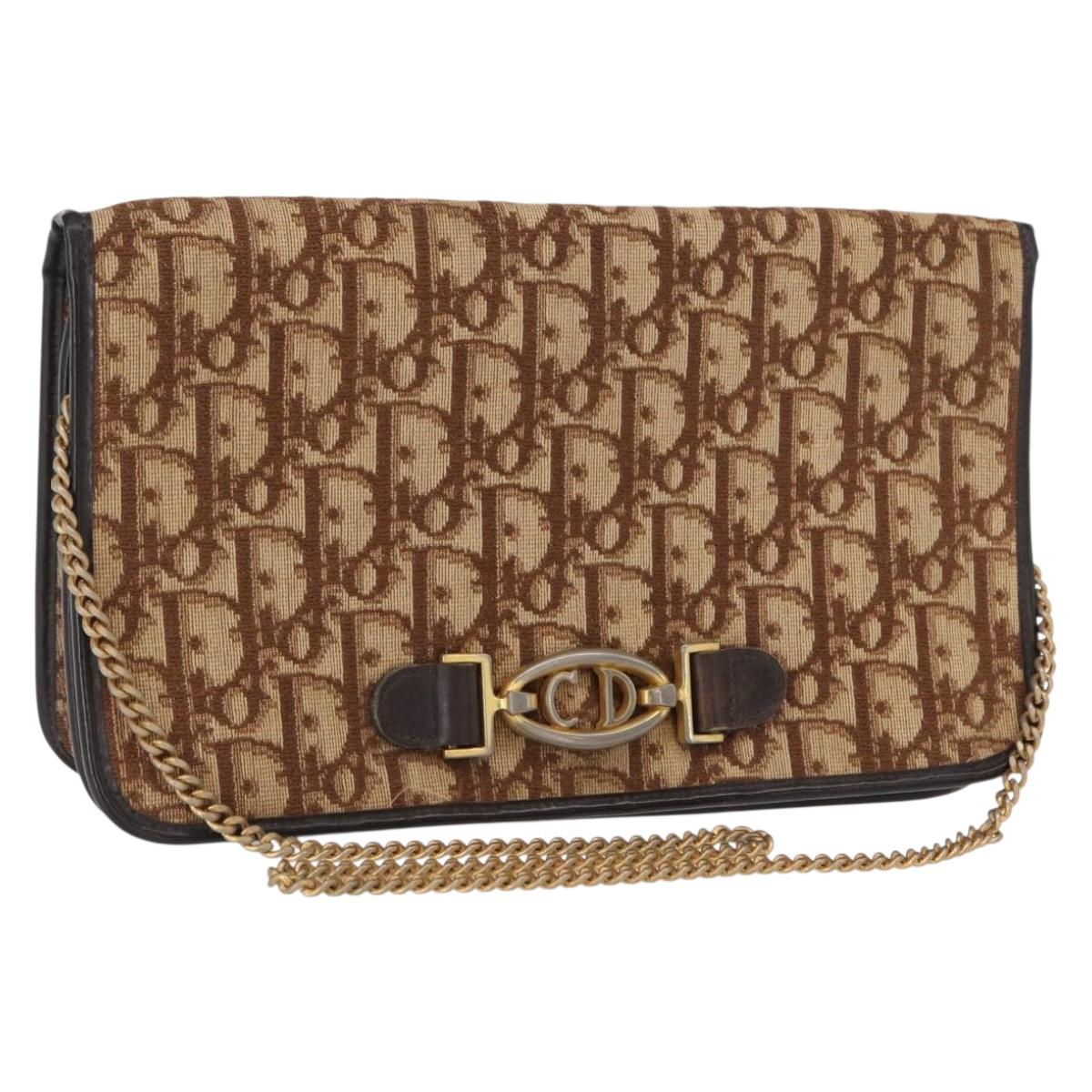 Christian Dior Trotter Canvas Chain Shoulder Bag Beige Gold Auth 164195