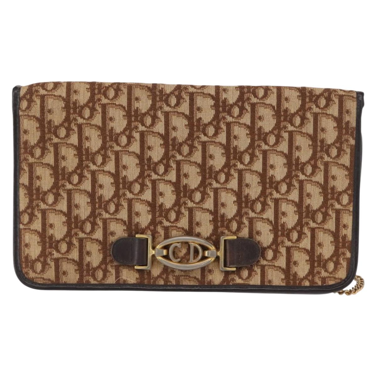 Christian Dior Trotter Canvas Chain Shoulder Bag Beige Gold Auth 164195