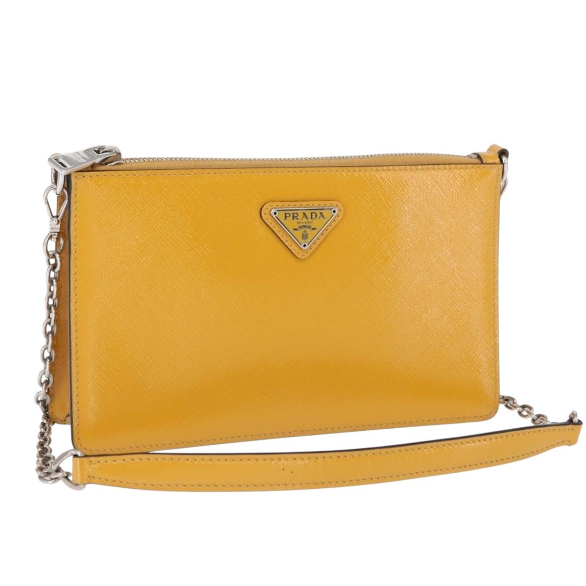 PRADA Chain Shoulder Bag Safiano leather Yellow Silver Auth 164207
