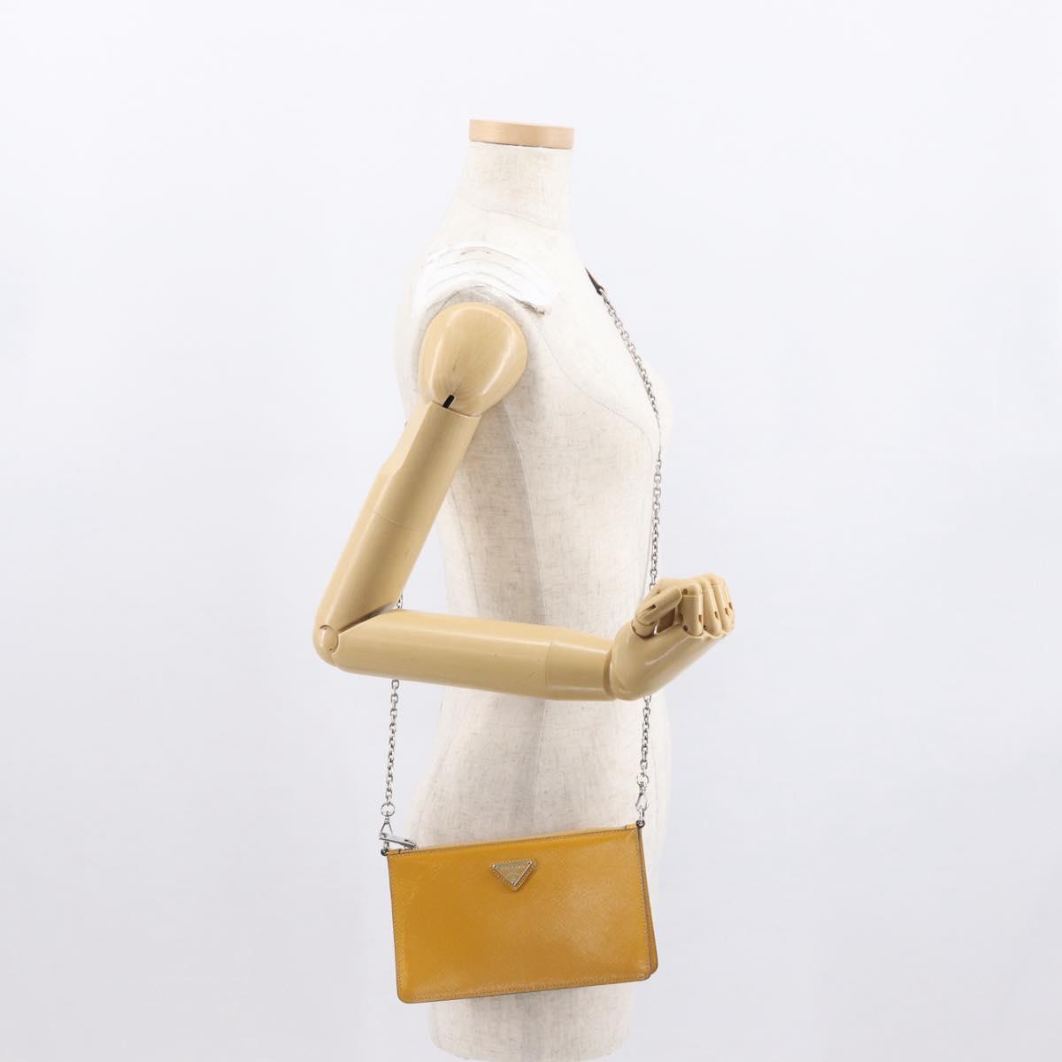 PRADA Chain Shoulder Bag Safiano leather Yellow Silver Auth 164207
