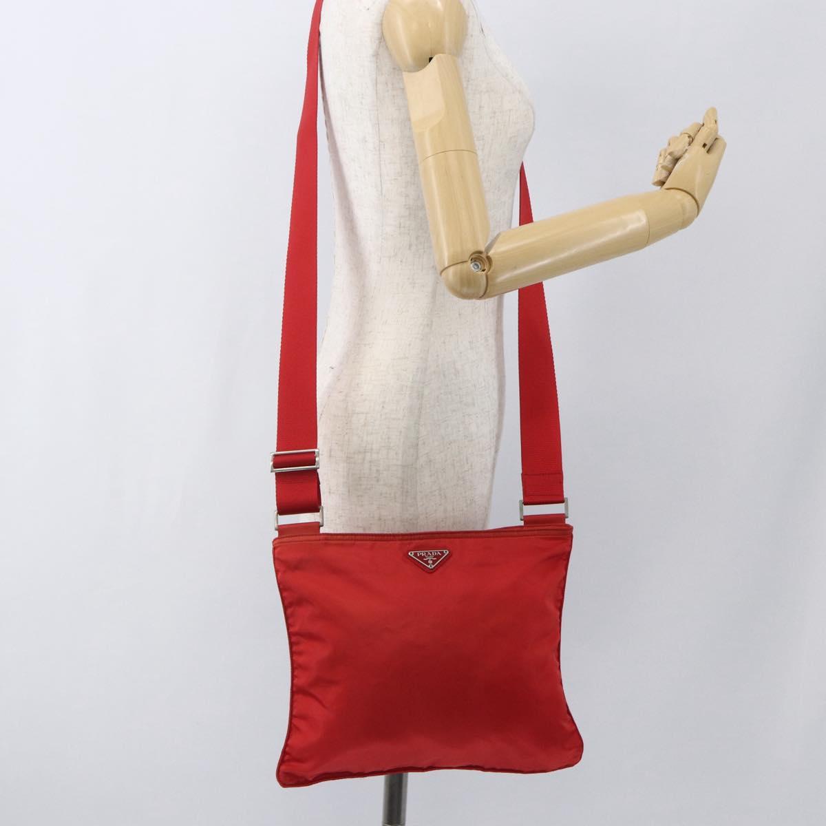 PRADA Shoulder Bag Nylon Red Silver Auth 164209