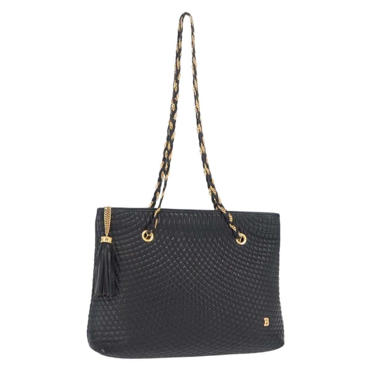 BALLY Quilted Chain Shoulder Bag Leather Black Gold Auth 164225