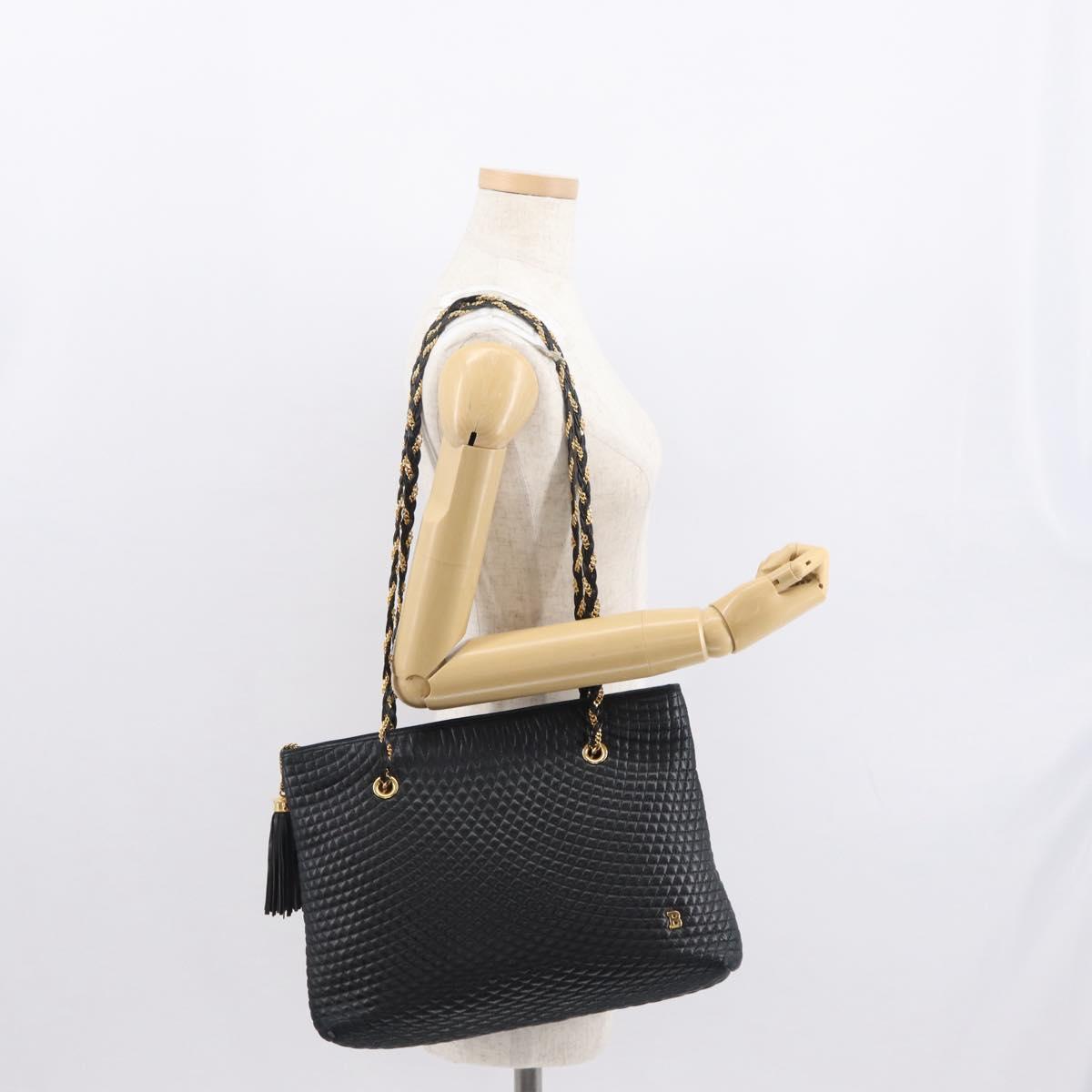 BALLY Quilted Chain Shoulder Bag Leather Black Gold Auth 164225