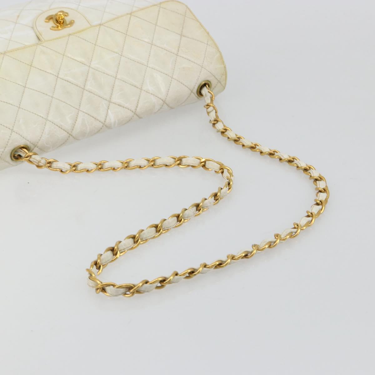 CHANEL Matelasse 30 Chain Shoulder Bag Patent leather White Gold CC Auth 164245