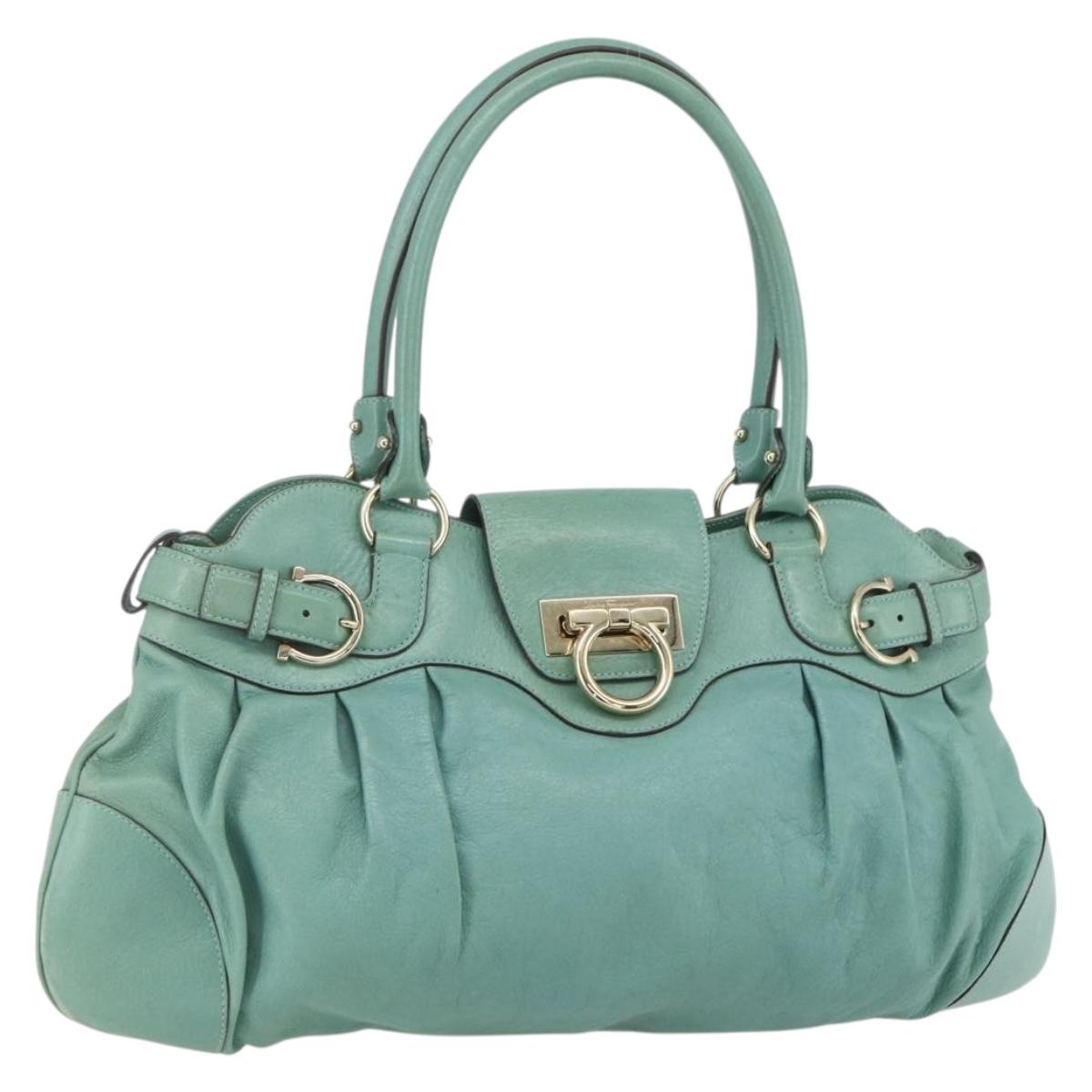 Salvatore Ferragamo Gancini Hand Bag Leather Gold Emerald Green Auth 164248