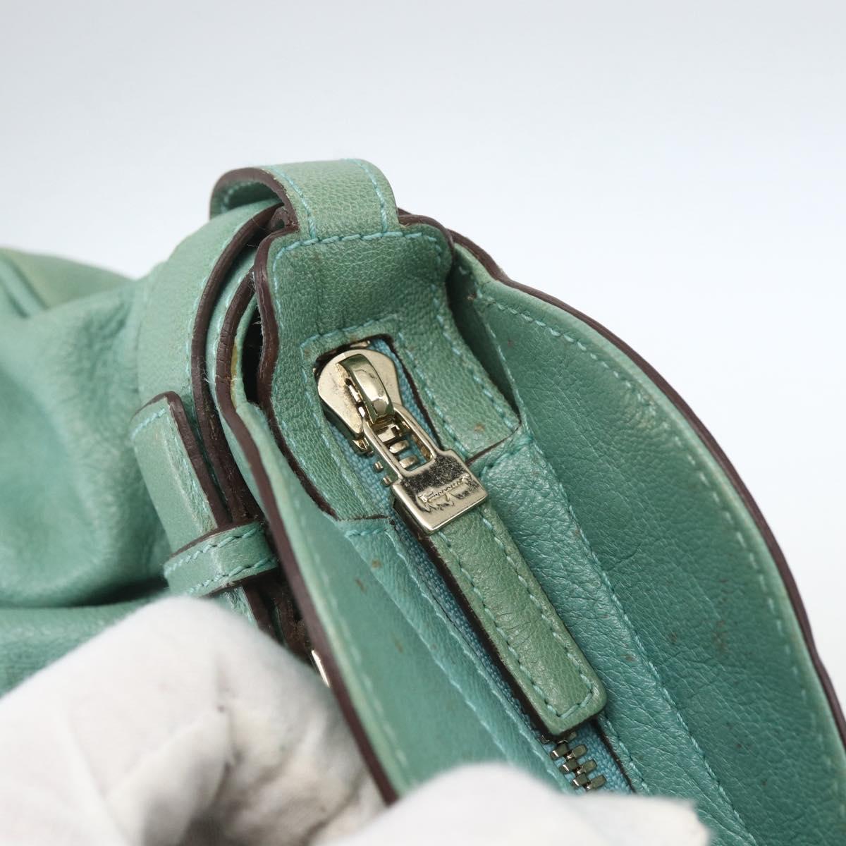 Salvatore Ferragamo Gancini Hand Bag Leather Gold Emerald Green Auth 164248