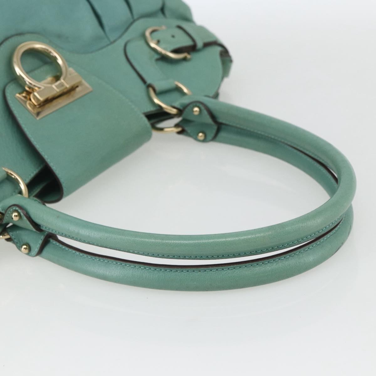 Salvatore Ferragamo Gancini Hand Bag Leather Gold Emerald Green Auth 164248