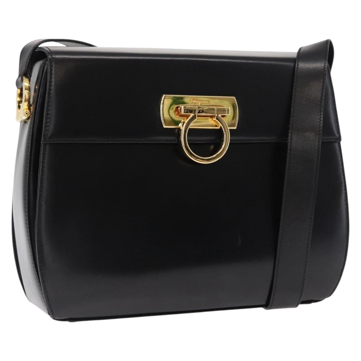 Salvatore Ferragamo Gancini Shoulder Bag Leather Black Gold Auth 164257
