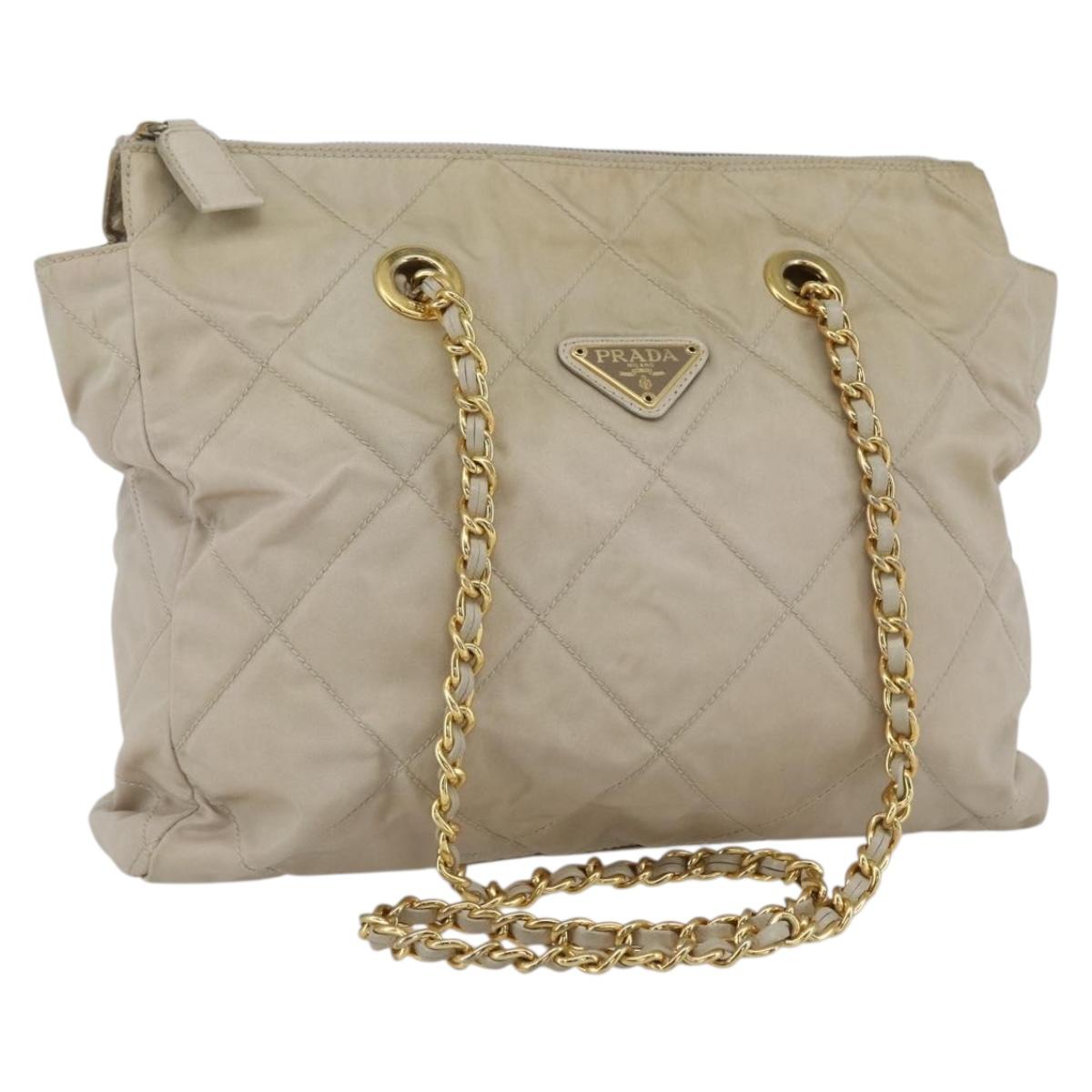 PRADA Chain Shoulder Bag Nylon Ivory Gold Auth 164262