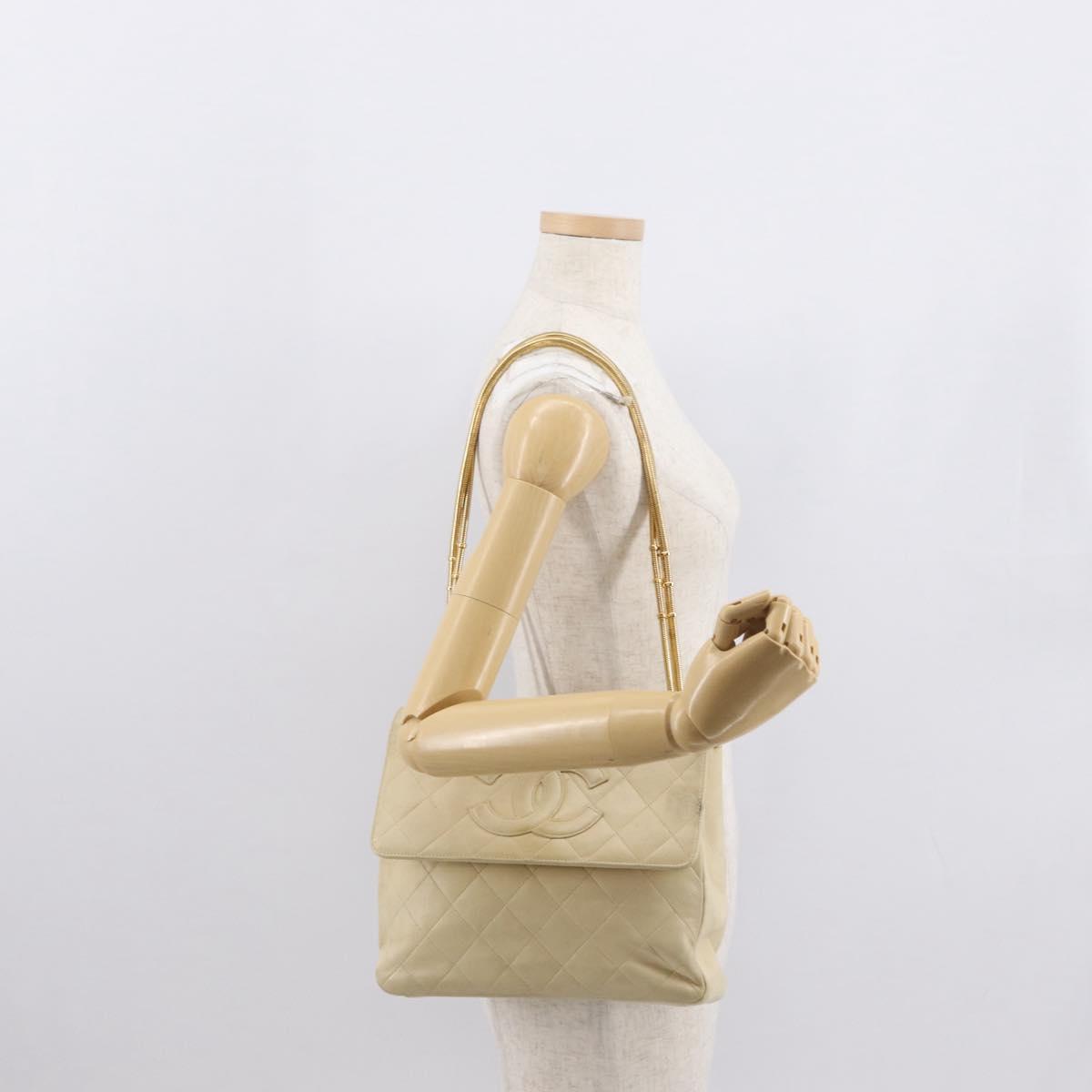 CHANEL Matelasse Chain Shoulder Bag Lamb Skin Ivory Gold CC Auth 164270