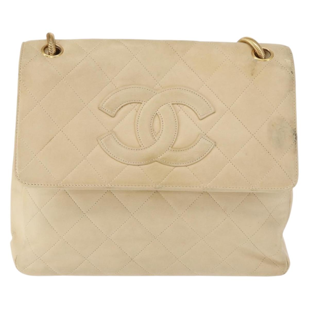 CHANEL Matelasse Chain Shoulder Bag Lamb Skin Ivory Gold CC Auth 164270