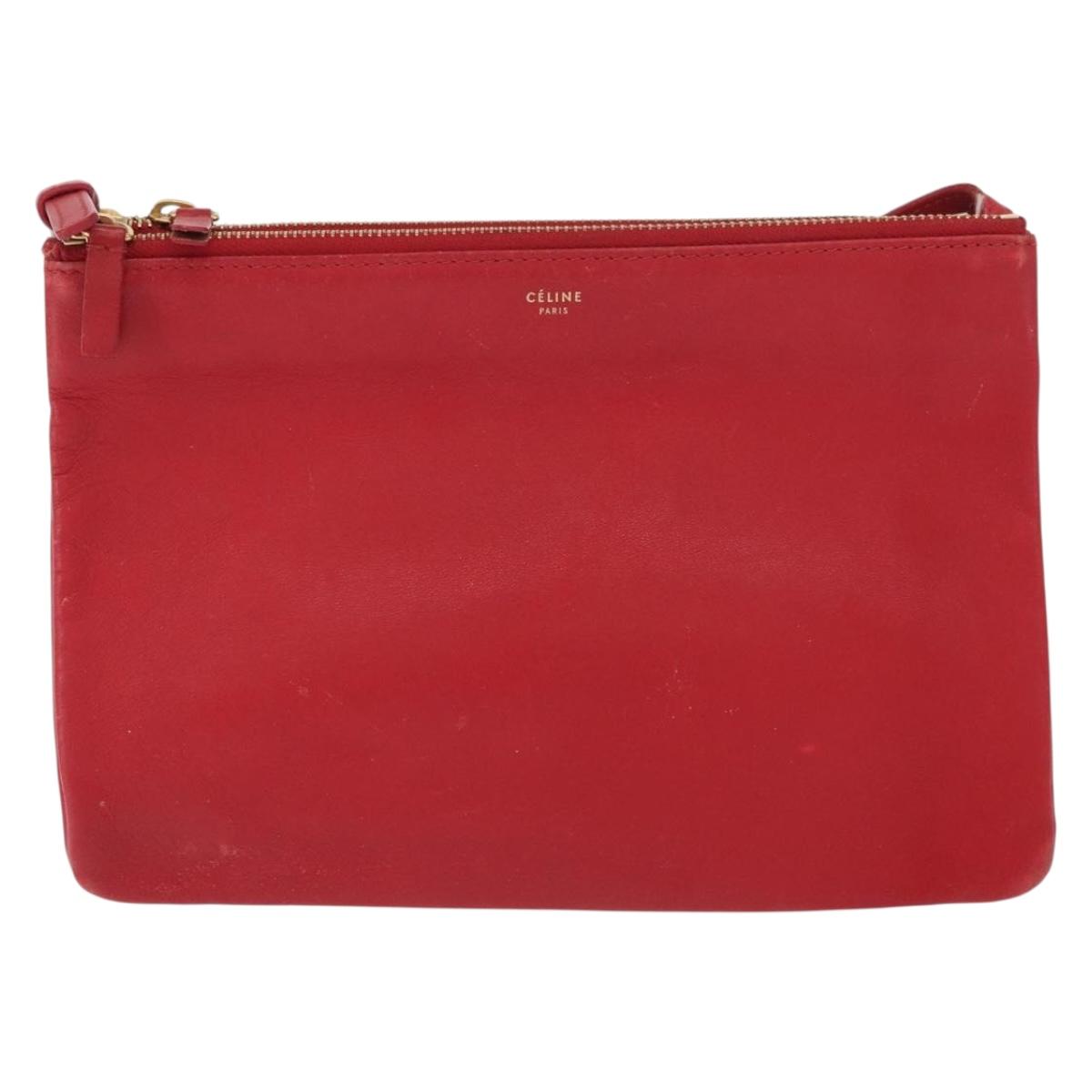 CELINE Trio Shoulder Bag Leather Red Gold Auth 164272