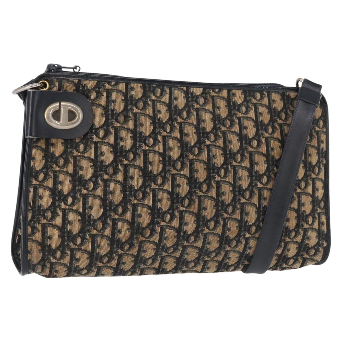 Christian Dior Trotter Canvas Shoulder Bag Navy Gold Auth 164287