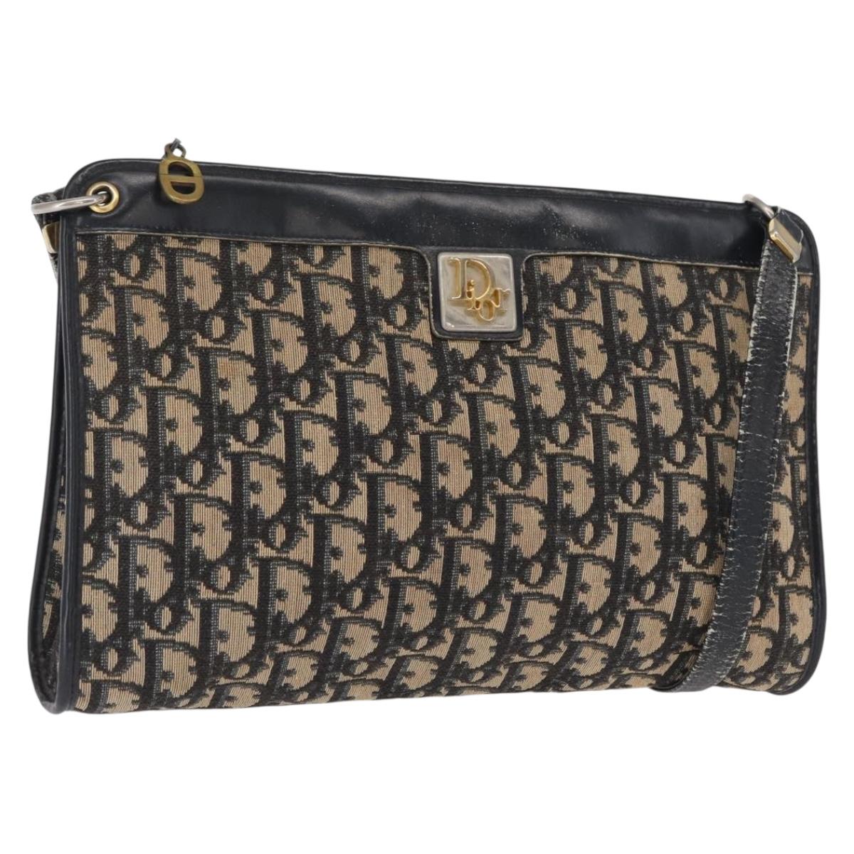 Christian Dior Trotter Canvas Shoulder Bag Navy Gold Auth 164288