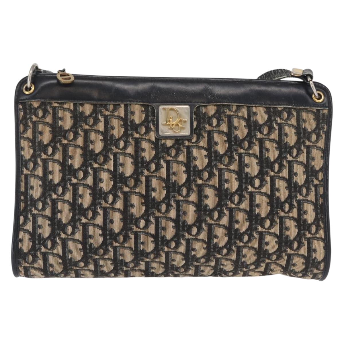 Christian Dior Trotter Canvas Shoulder Bag Navy Gold Auth 164288