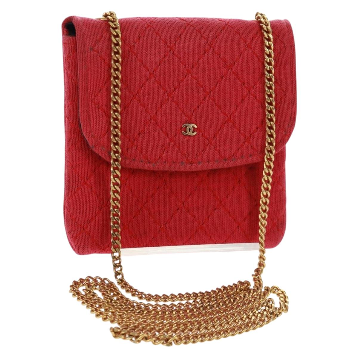 CHANEL Mini Matelasse Chain Pouch Cotton Red Gold CC Auth 164298V