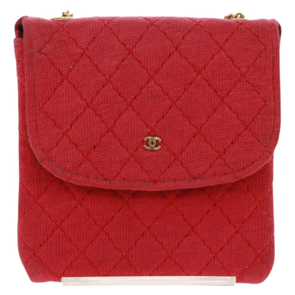 CHANEL Mini Matelasse Chain Pouch Cotton Red Gold CC Auth 164298V