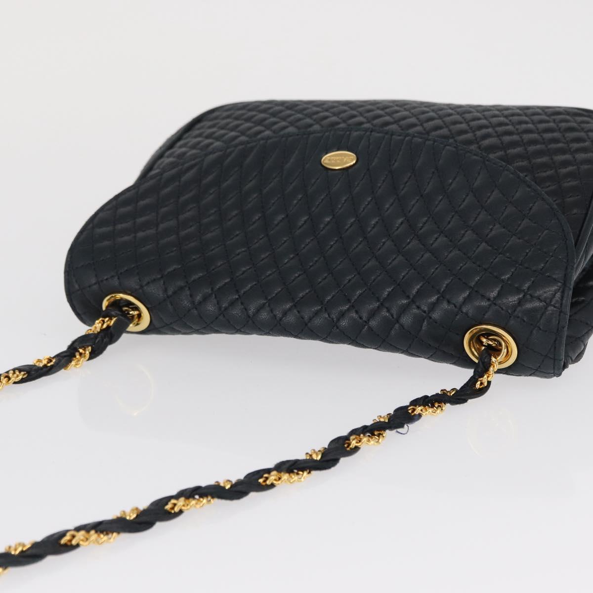 BALLY Chain Shoulder Bag Leather Navy Gold Auth 164306