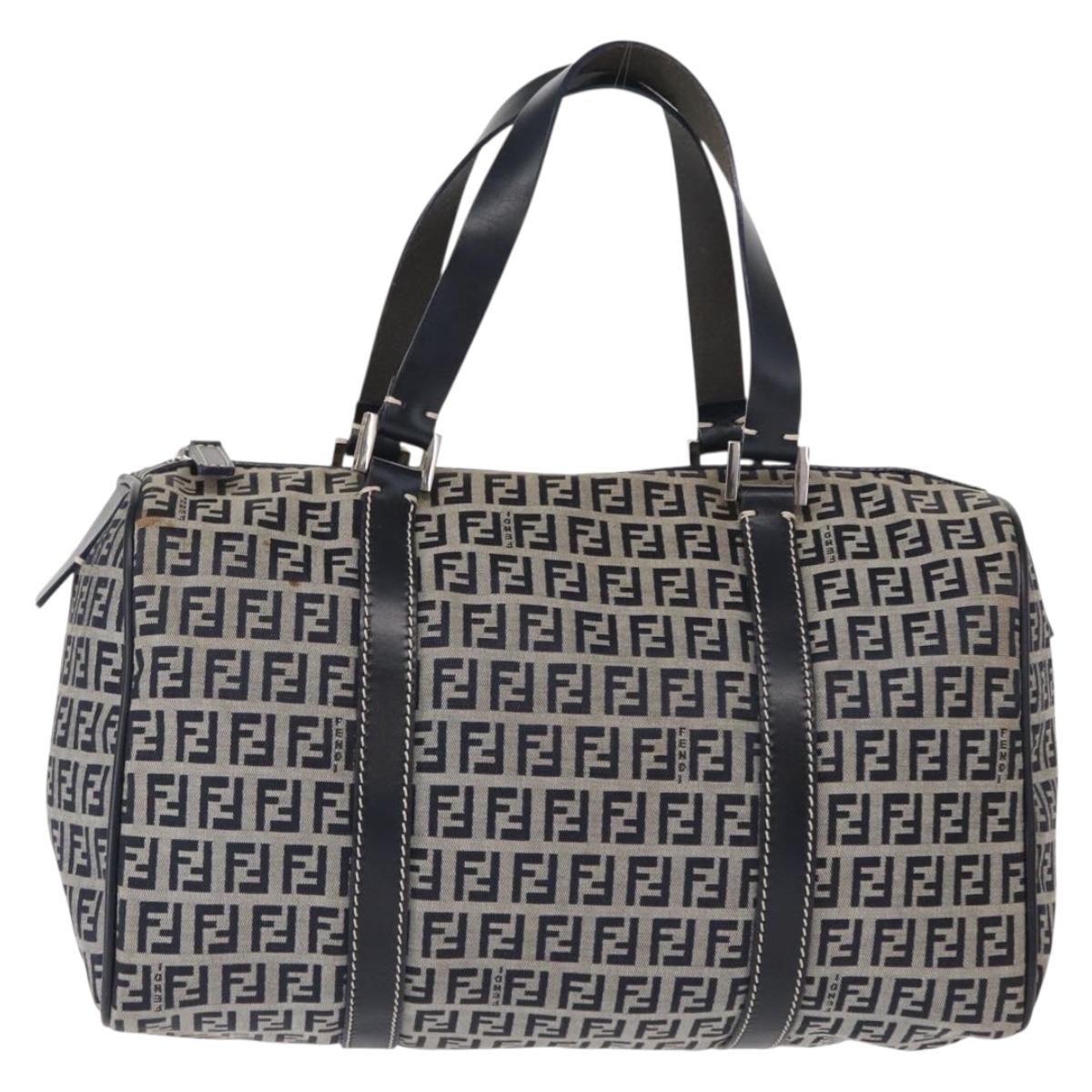 FENDI Zucchino Canvas Boston Bag Navy Silver Auth 164326