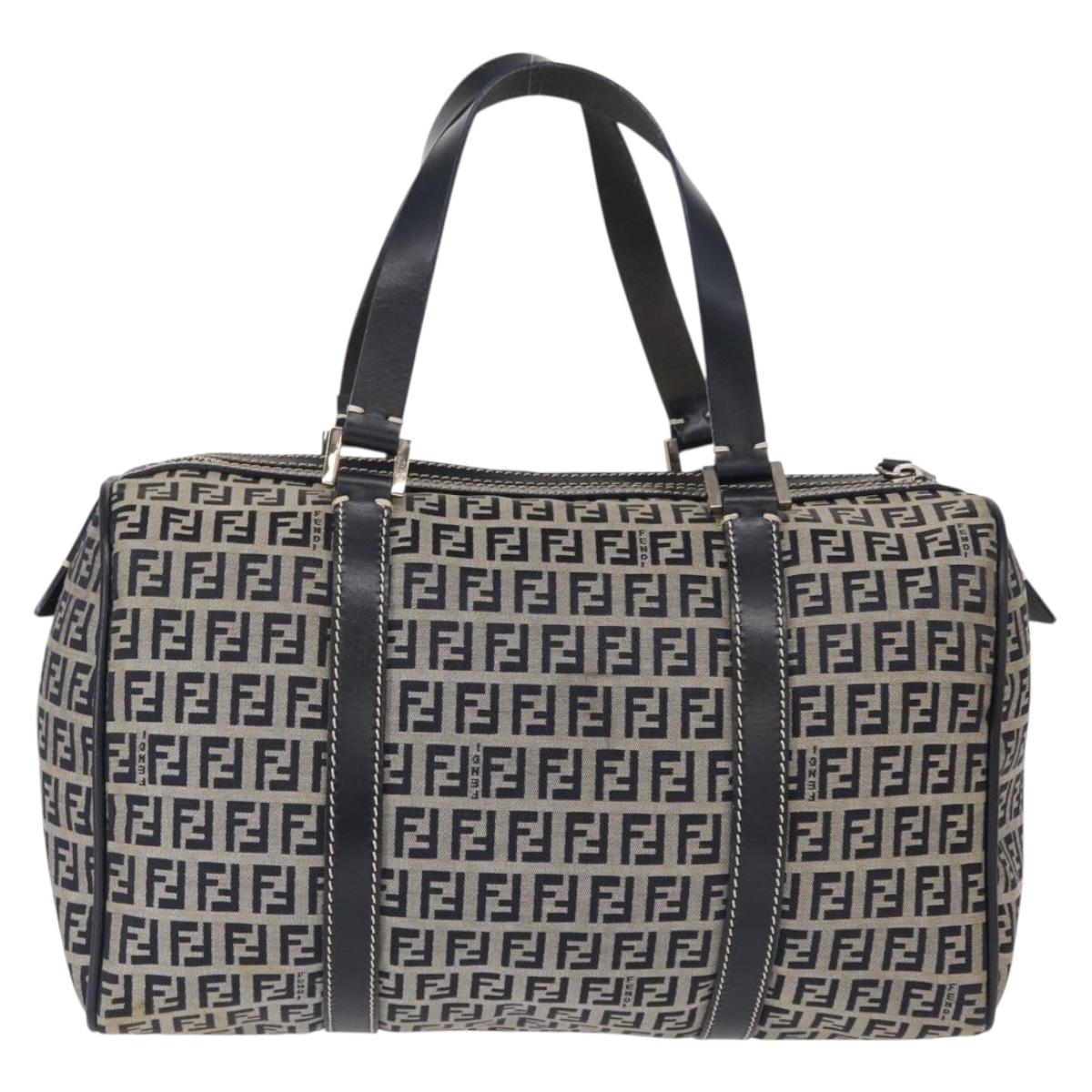 FENDI Zucchino Canvas Boston Bag Navy Silver Auth 164326