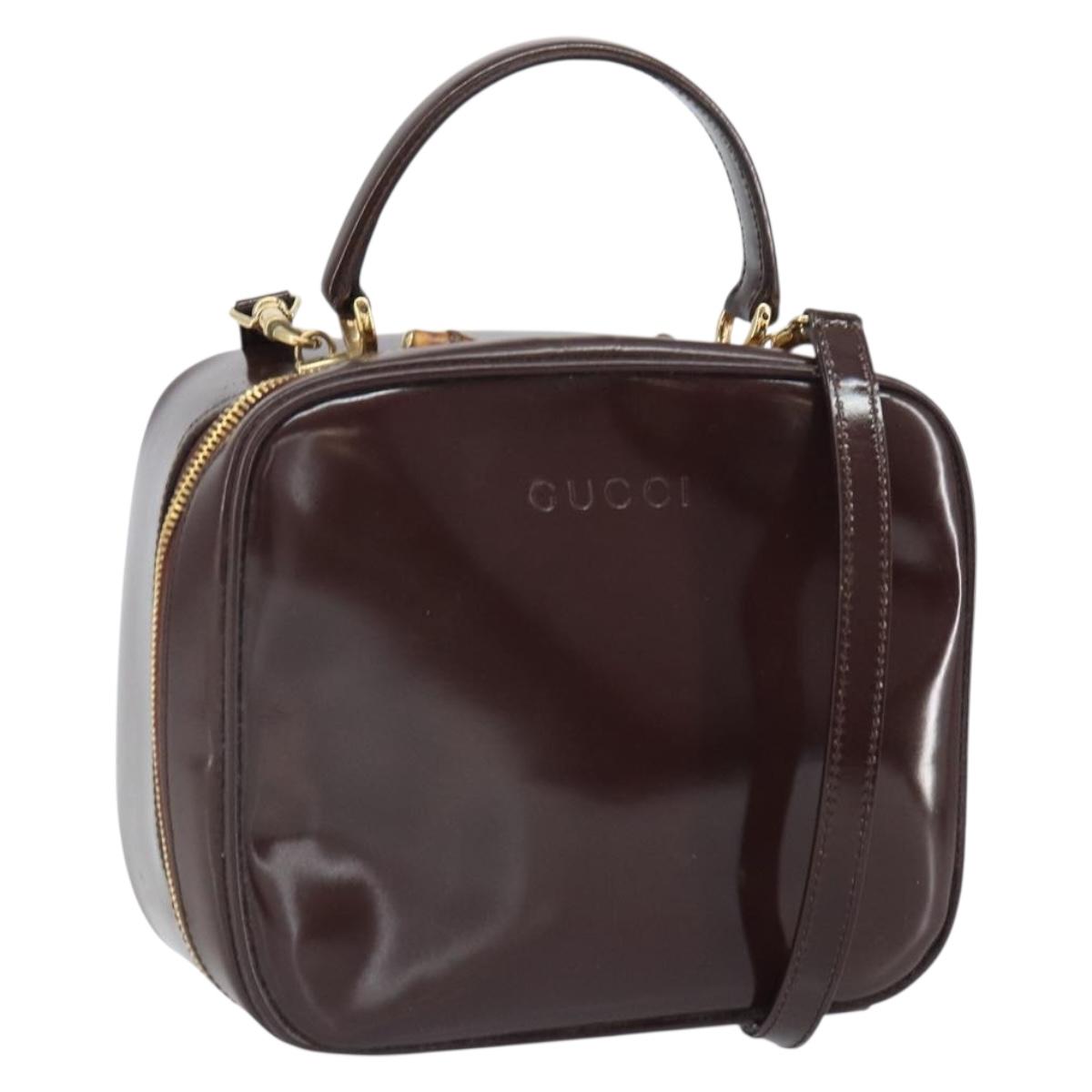 GUCCI Hand Bag Patent leather 2way Brown Gold Auth 164421