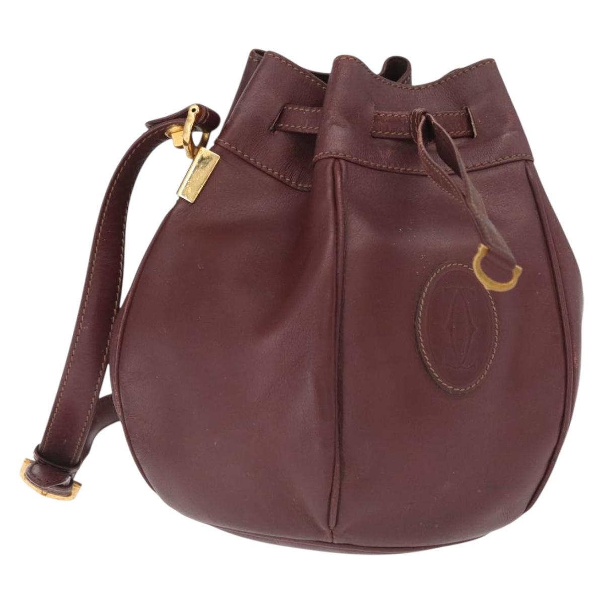 CARTIER Must Line Shoulder Bag Leather Bordeaux Gold Auth 164423