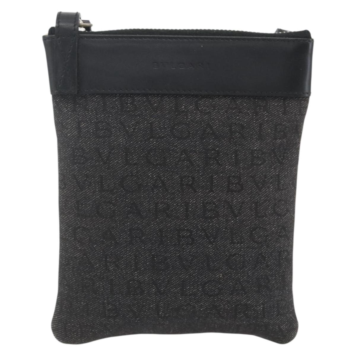 BVLGARI Logo Mania Shoulder Bag Canvas Leather Black Silver Auth 164451