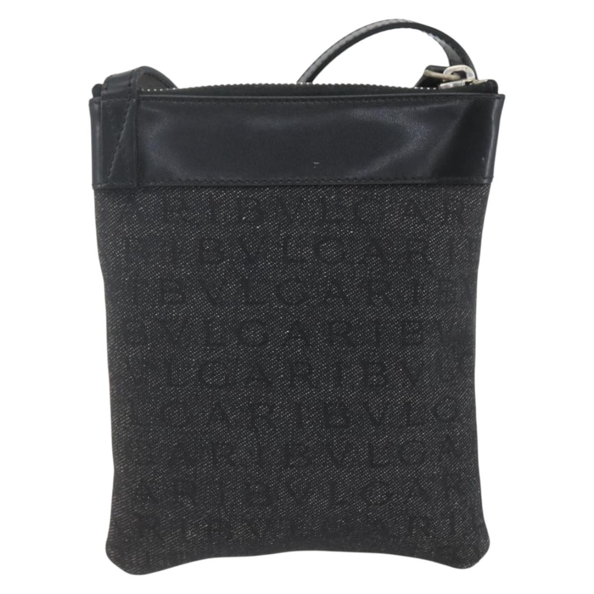 BVLGARI Logo Mania Shoulder Bag Canvas Leather Black Silver Auth 164451