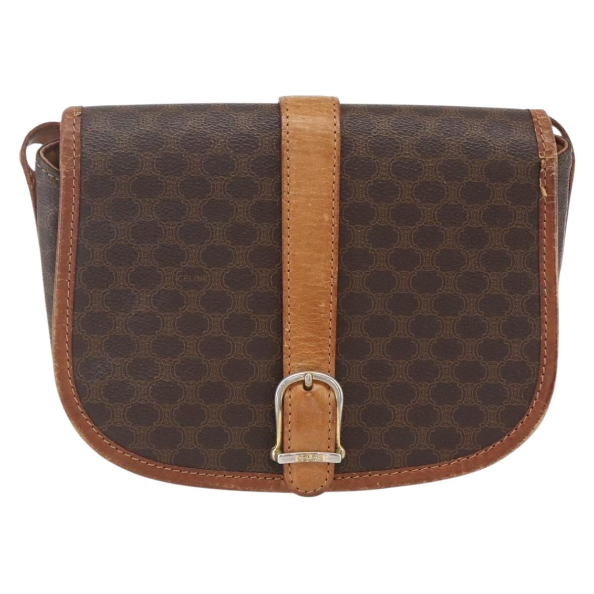 CELINE Macadam Canvas Shoulder Bag PVC Leather Brown Gold Auth 164463