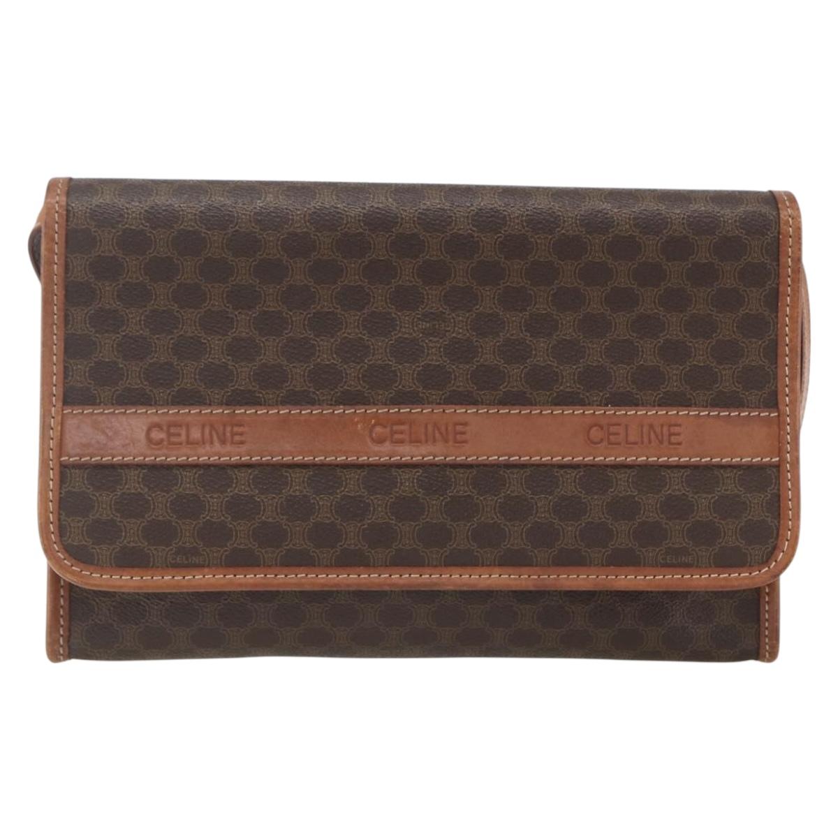 CELINE Macadam Canvas Shoulder Bag PVC Leather Brown Gold Auth 164465