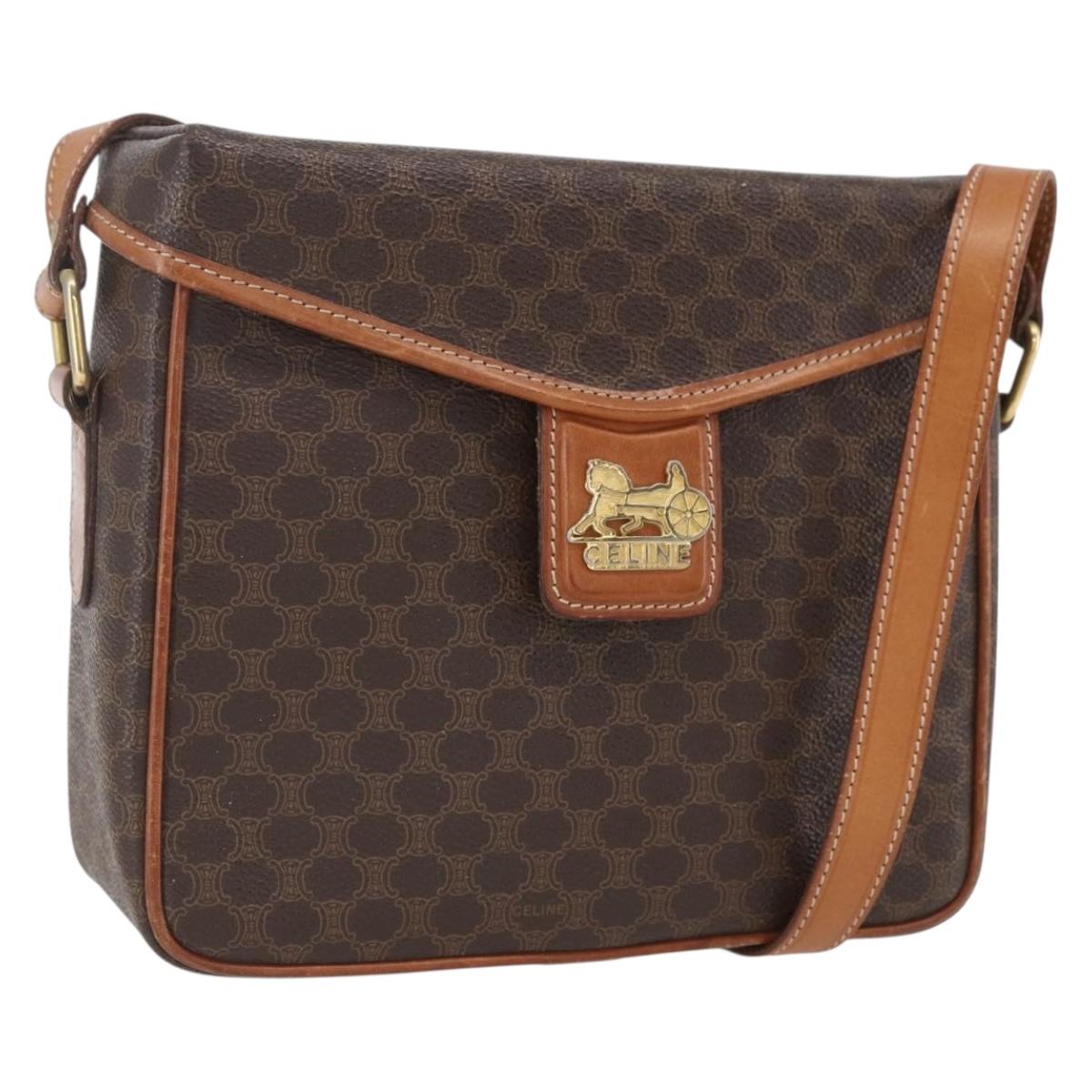 CELINE Macadam Canvas Shoulder Bag PVC Leather Brown Gold Auth 164467