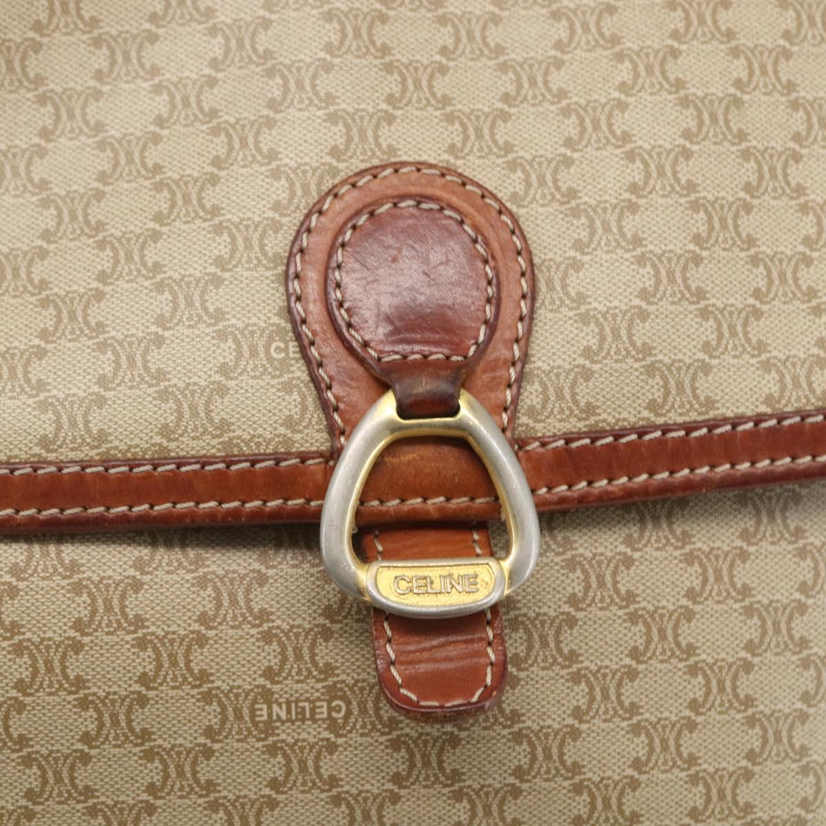CELINE Macadam Canvas Shoulder Bag PVC Beige Gold Auth 164469