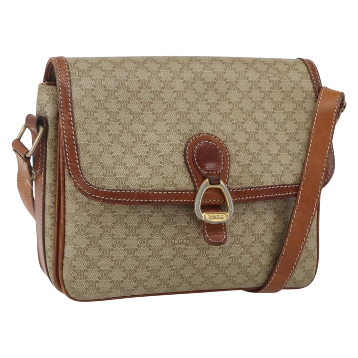 CELINE Macadam Canvas Shoulder Bag PVC Beige Gold Auth 164469