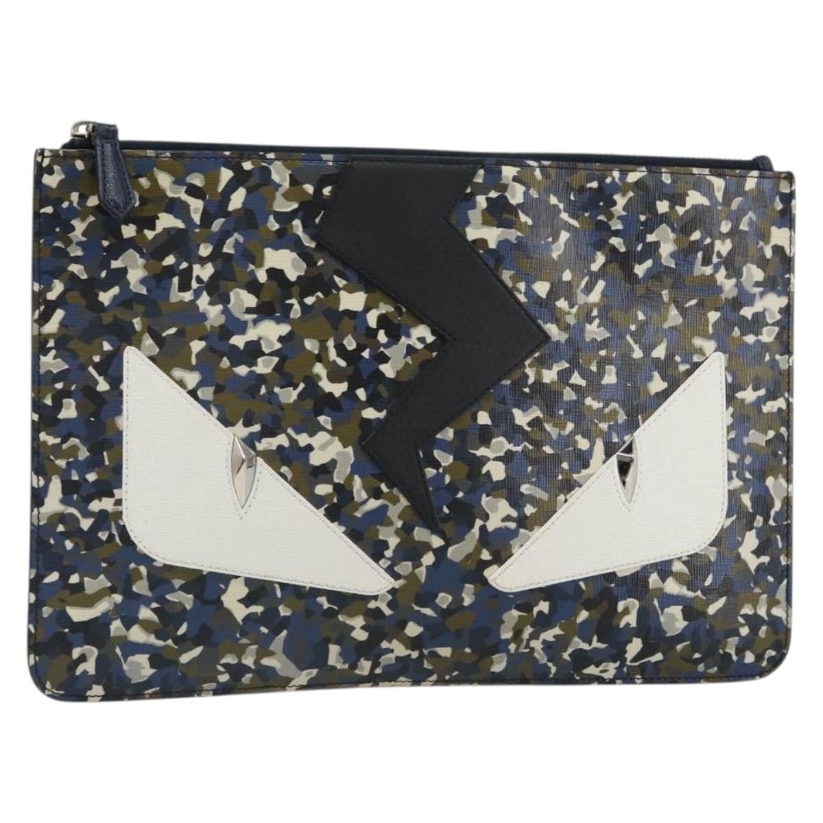 FENDI monster Clutch Bag Leather Blue Black Auth 164500