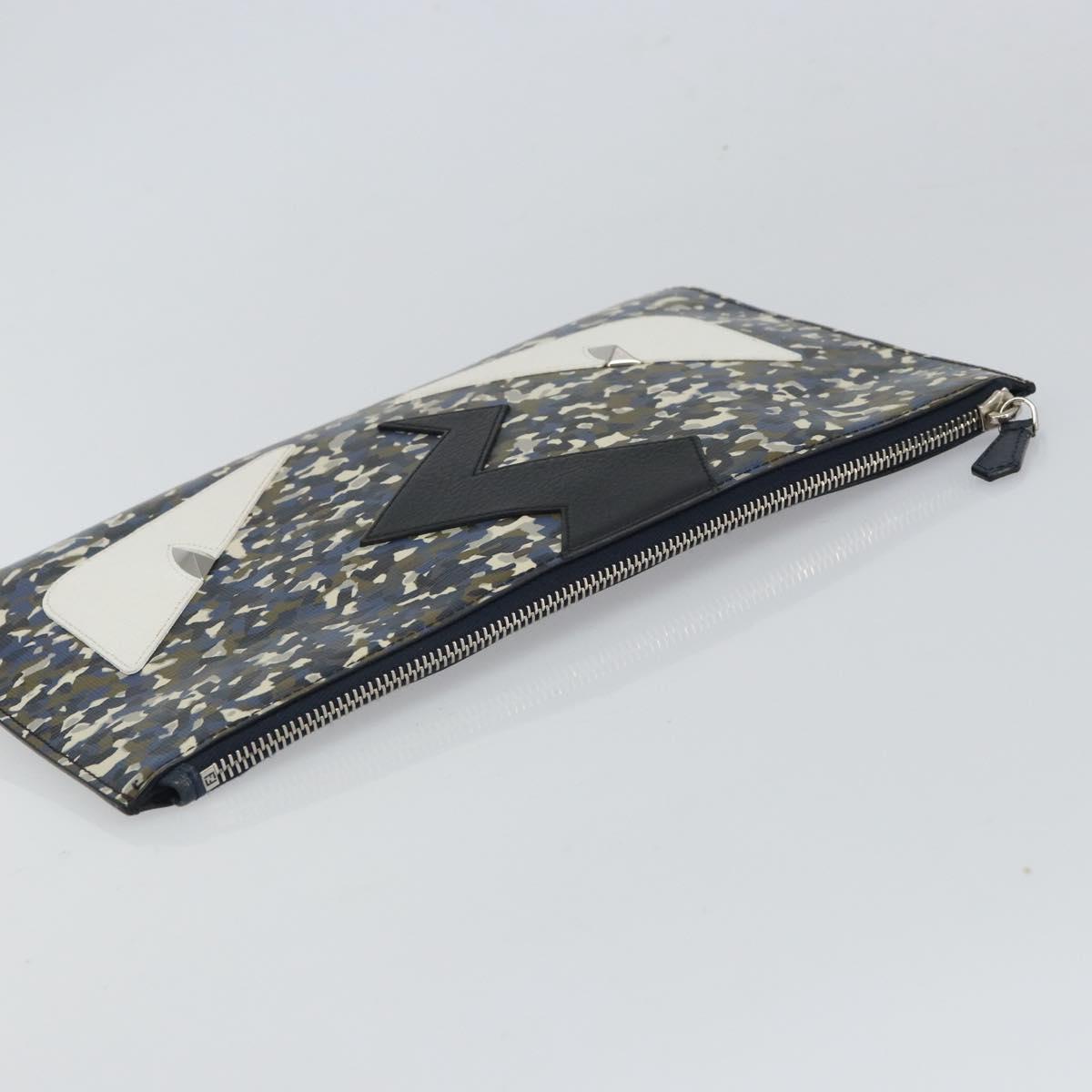 FENDI monster Clutch Bag Leather Blue Black Auth 164500