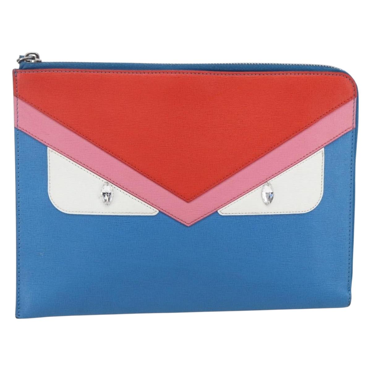 FENDI monster Clutch Bag Leather Blue Auth 164501