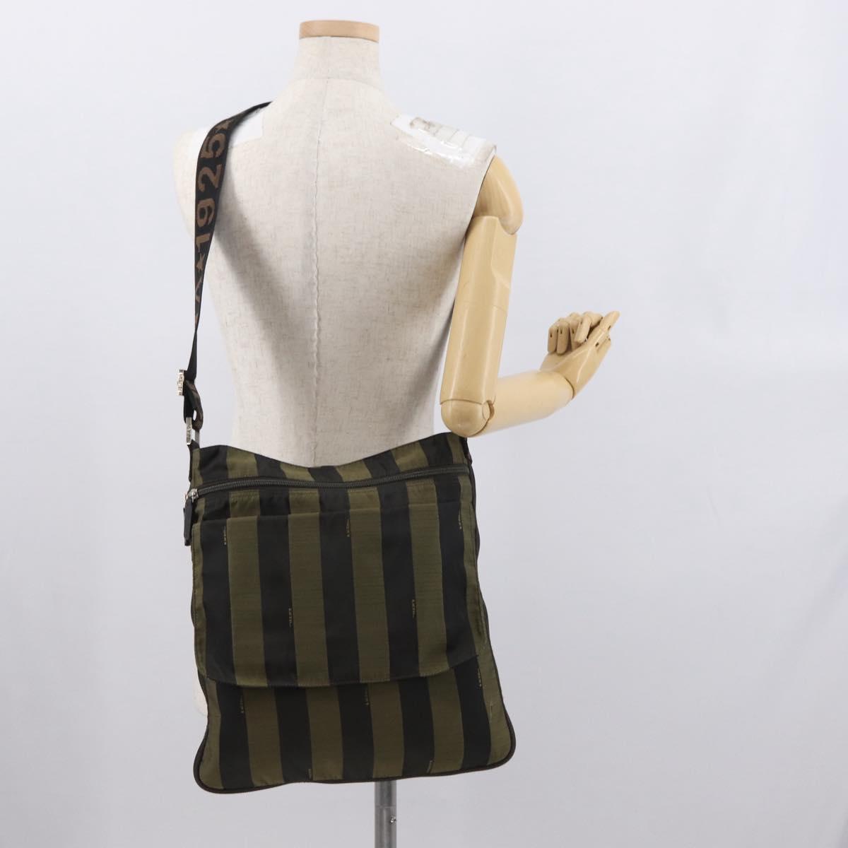 FENDI Pecan Canvas Shoulder Bag Black Brown Silver Auth 164502