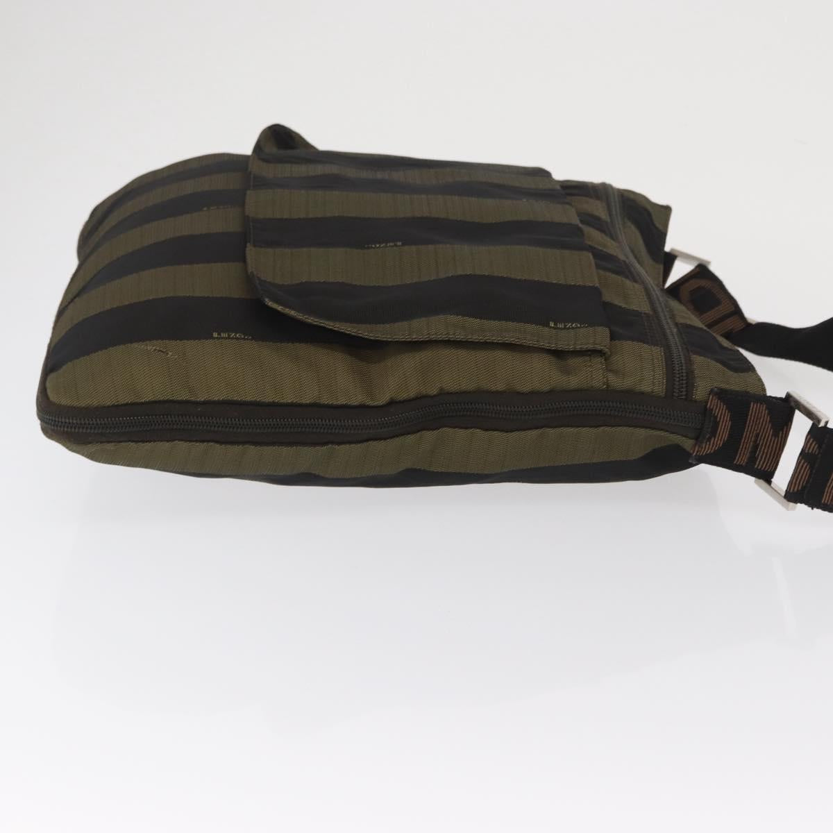 FENDI Pecan Canvas Shoulder Bag Black Brown Silver Auth 164502